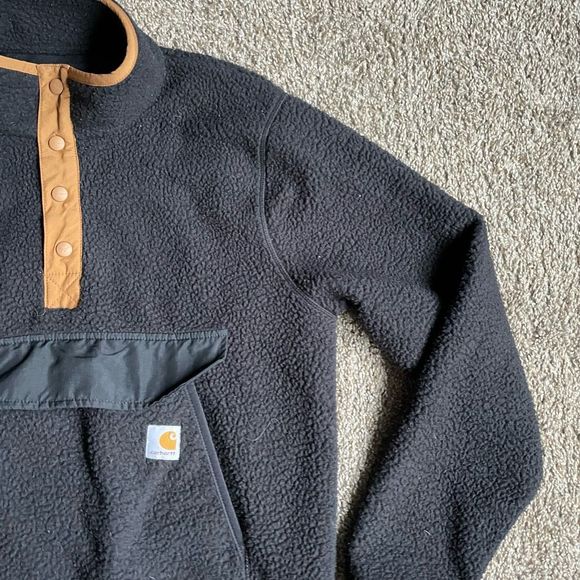 Carharrt Women's Pullover M Relaxed Fit Black Tan Fleece 1/4 Button Pocket Warm - Picture 7 of 14